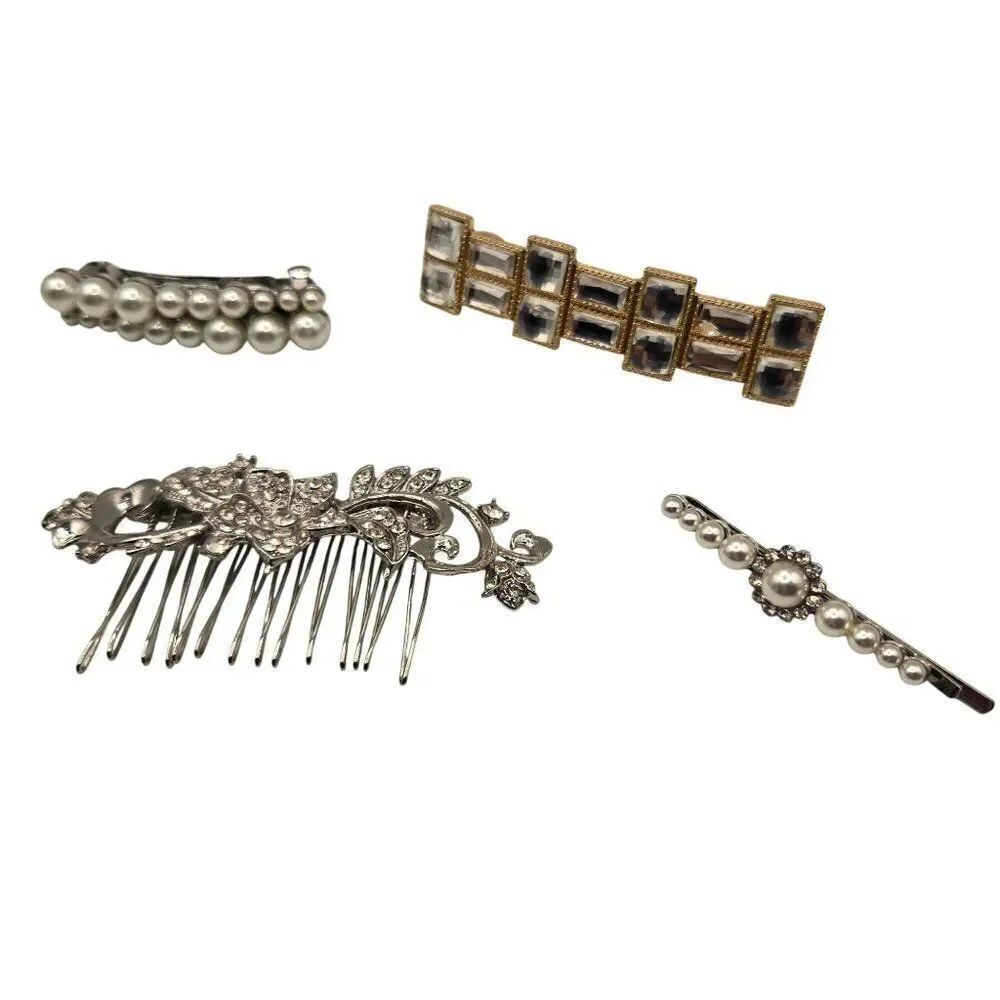 Vintage Lot of 4 Hair Accessories Barrettes Comb Bobby Pin Silver Rhinestone Pea